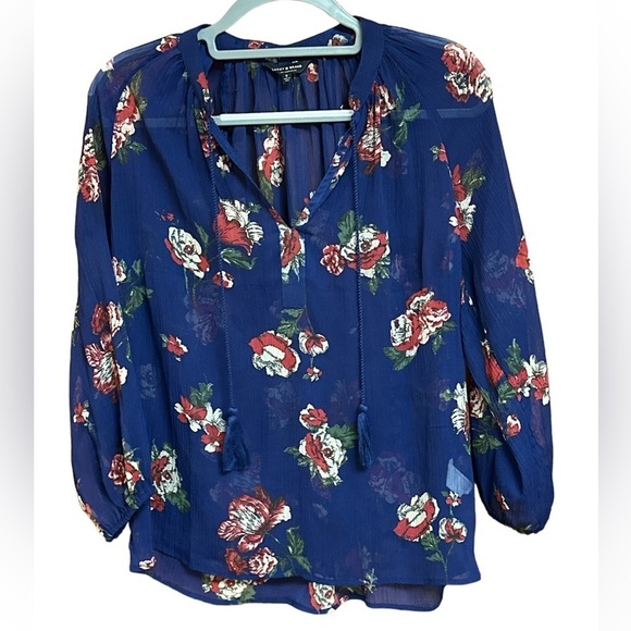 Lucky Brand Womens Blue Floral V-Neck Boho Semi Sheer Print Peasant Blouse Small - Picture 1 of 9